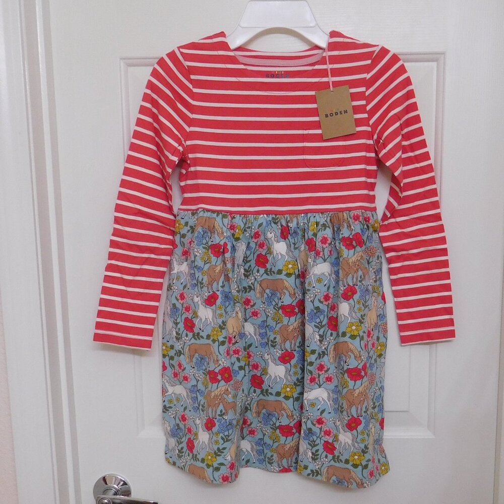 NWT Mini Boden Mixed Print Red Stripe Horse Pony Print Dress sz 7-8